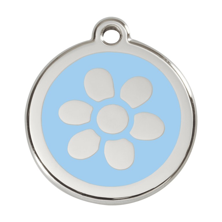 Vue avant - Médaille personnalisée pour chien Red Dingo Émail et acier inoxydable - Motif Fleur - Bleu clair - Größe L