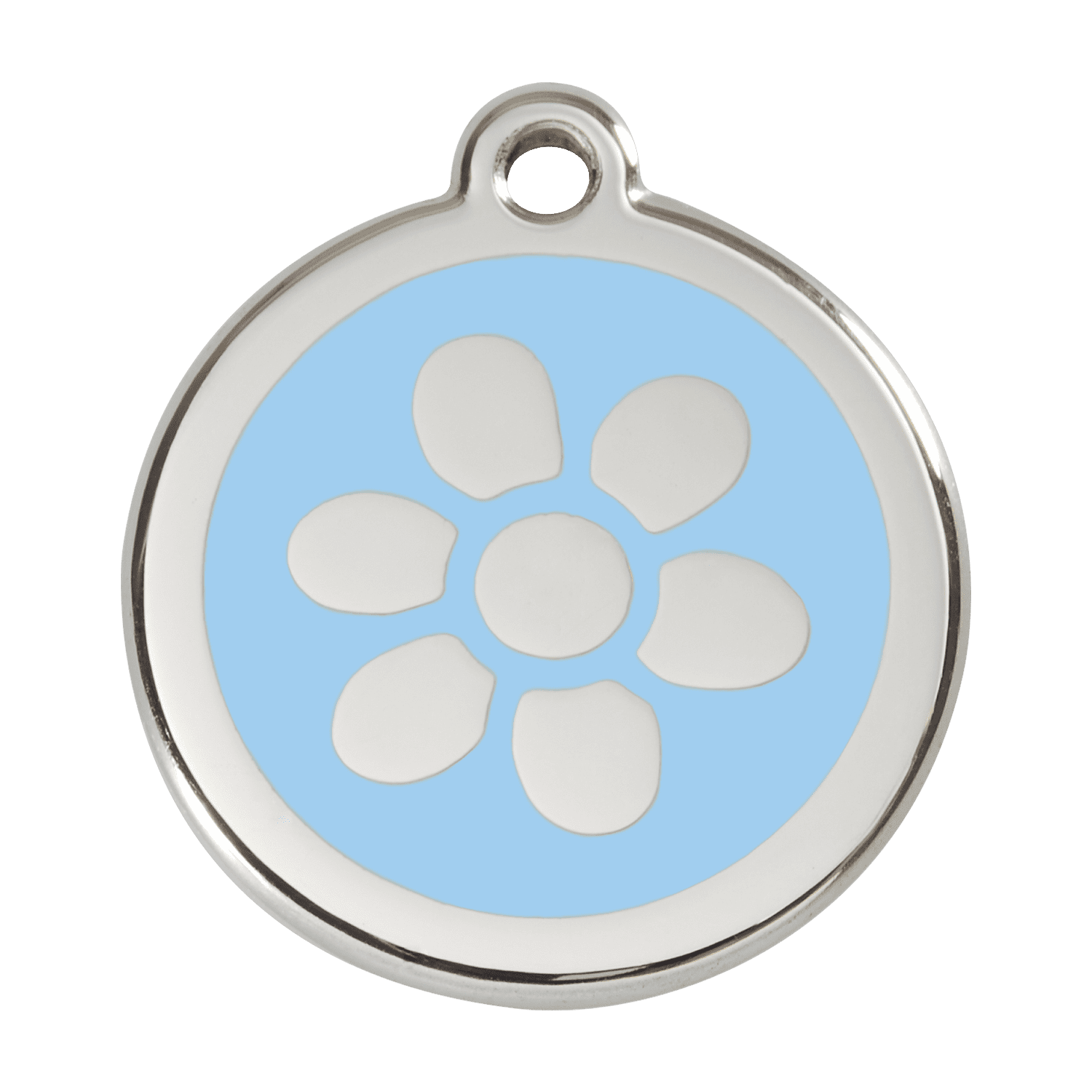 Vue avant - Médaille personnalisée pour chien Red Dingo Émail et acier inoxydable - Motif Fleur - Bleu clair - Größe L