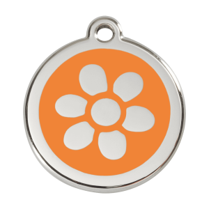 Hundemarke Blume Größe L mit orangefarbenem Emaille und Edelstahl
