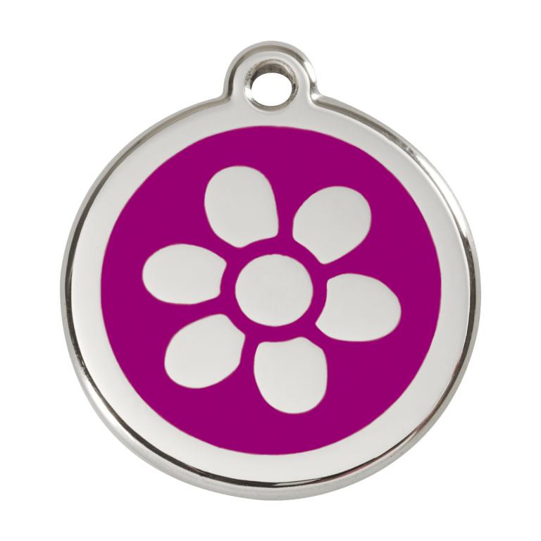 Vue avant - Médaille personnalisable pour chien - Red Dingo Émail et acier inoxydable Fleur Violet L