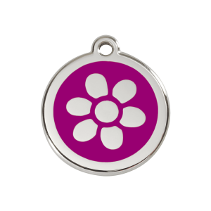 Hundemarke Größe M mit violetter Emaille-Blume aus Edelstahl
