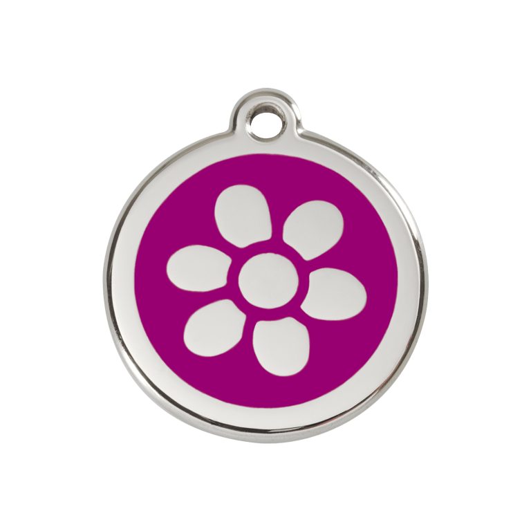 Vue avant - Médaille personnalisée pour chien ou chat - Red Dingo Émail et acier inoxydable - Fleur Violet - Größe M