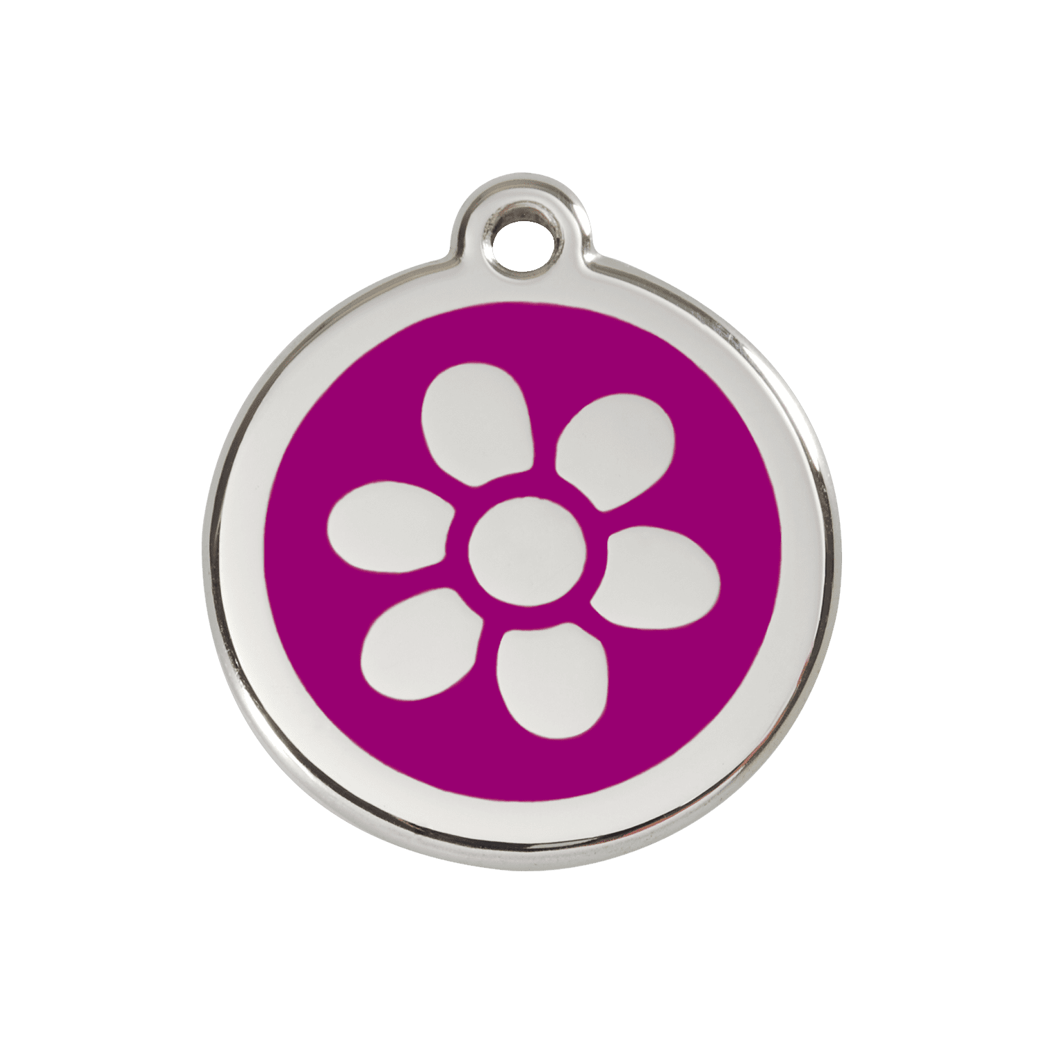 Vue avant - Médaille personnalisée pour chien ou chat - Red Dingo Émail et acier inoxydable - Fleur Violet - Größe M