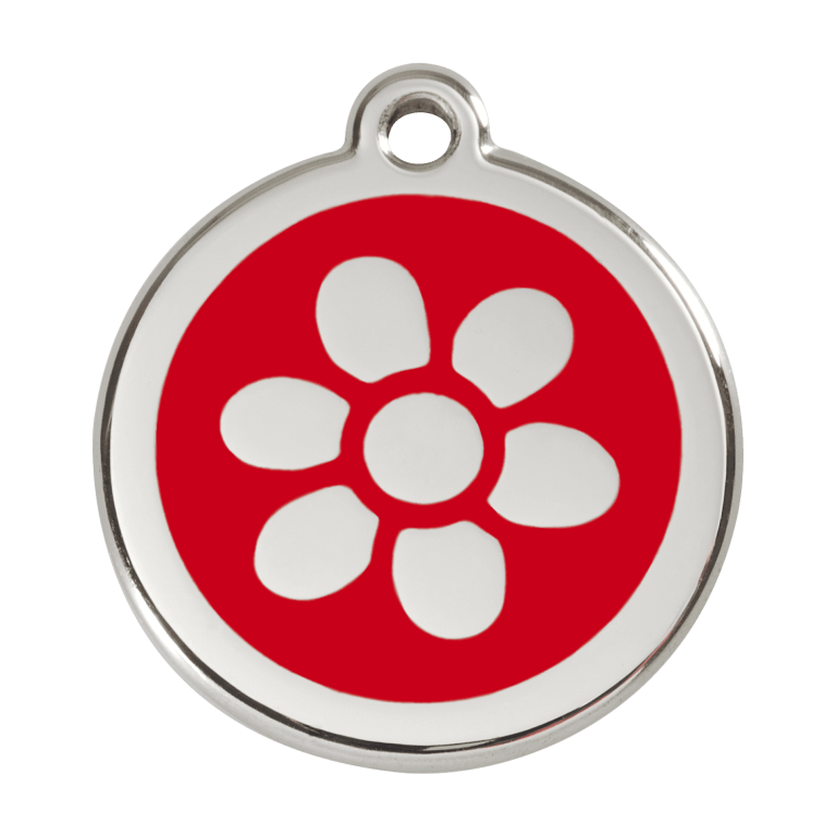 Vue avant - Médaille personnalisée pour chien Red Dingo Émail et acier inoxydable - Fleur Rouge - Größe L