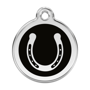 Schwarze Hufeisen Hundemarke aus Emaille und Edelstahl Größe L