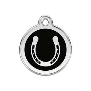 Schwarze Hufeisen Hundemarke aus Emaille und Edelstahl Größe M