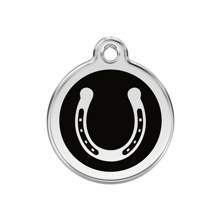 Vue avant - Médaille personnalisable pour chien en émail et acier inoxydable Red Dingo - Motif fer à cheval noir - Größe M