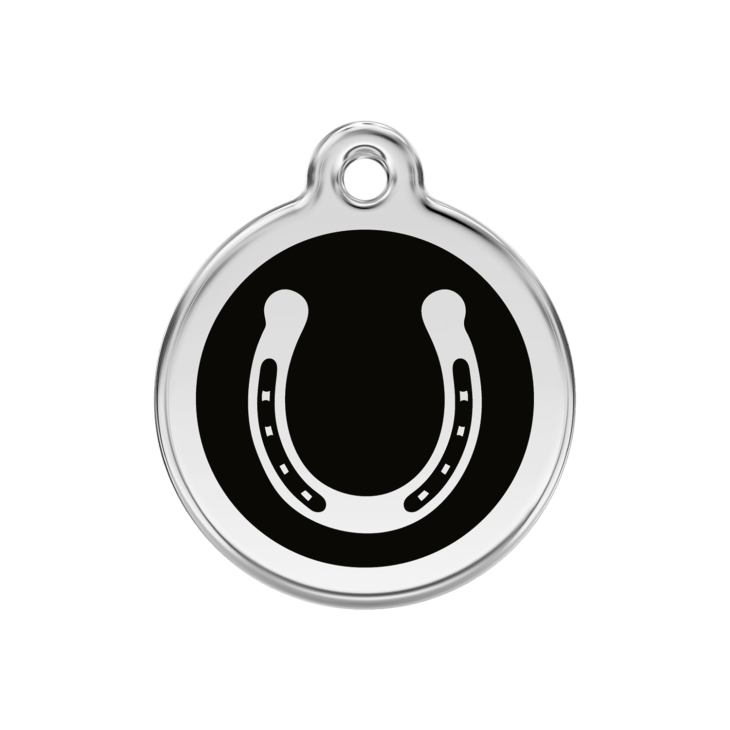 Vue avant - Médaille personnalisable pour chien en émail et acier inoxydable Red Dingo - Motif fer à cheval noir - Größe M