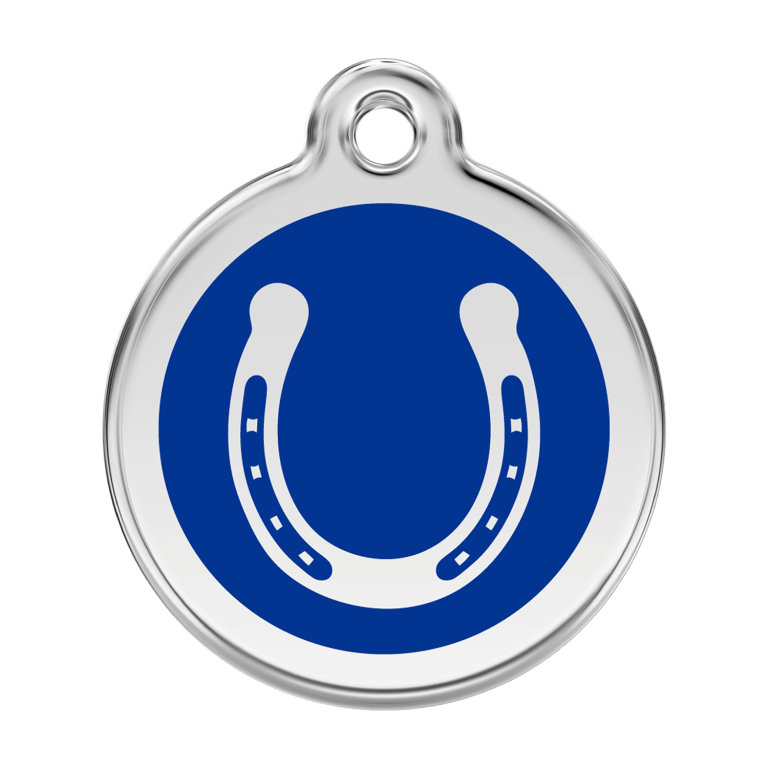 Vue avant - Médaille personnalisée pour chien en émail et acier inoxydable - Red Dingo - Fer à cheval - Bleu foncé - Größe L