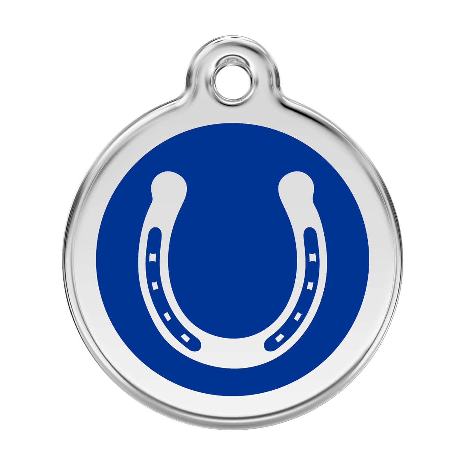Vue avant - Médaille personnalisée pour chien en émail et acier inoxydable - Red Dingo - Fer à cheval - Bleu foncé - Größe L