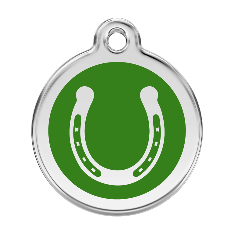 Vue avant - Médaille personnalisable pour chien Red Dingo Émail et acier inoxydable - Fer à cheval - Vert - Größe L