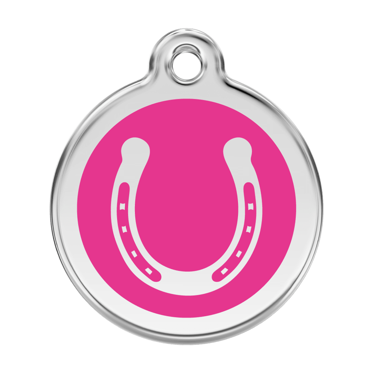 Vue avant - Médaille personnalisée pour chien Red Dingo Émail et acier inoxydable Fer à cheval Rose vif - Größe L