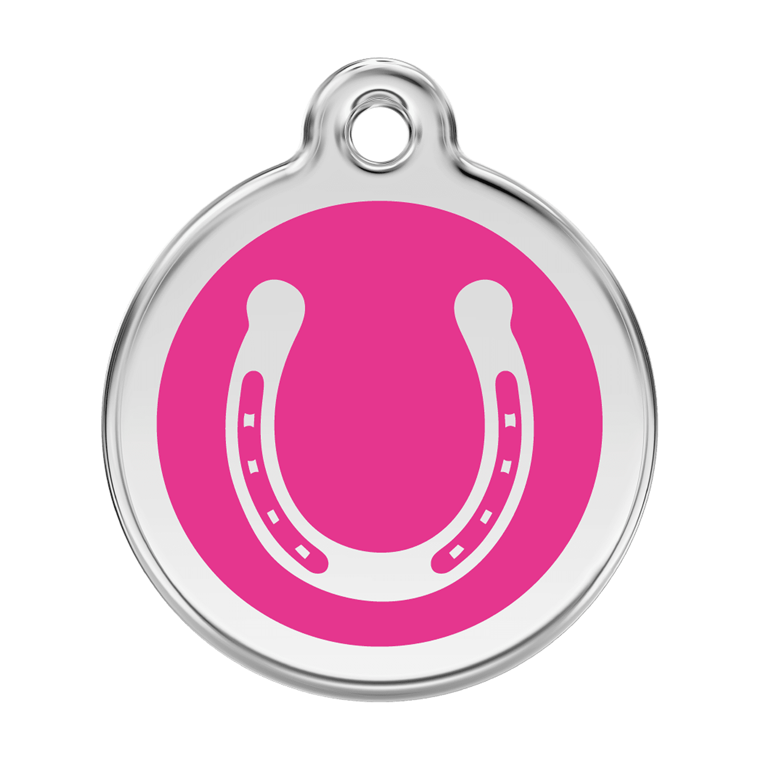 Vue avant - Médaille personnalisée pour chien Red Dingo Émail et acier inoxydable Fer à cheval Rose vif - Größe L
