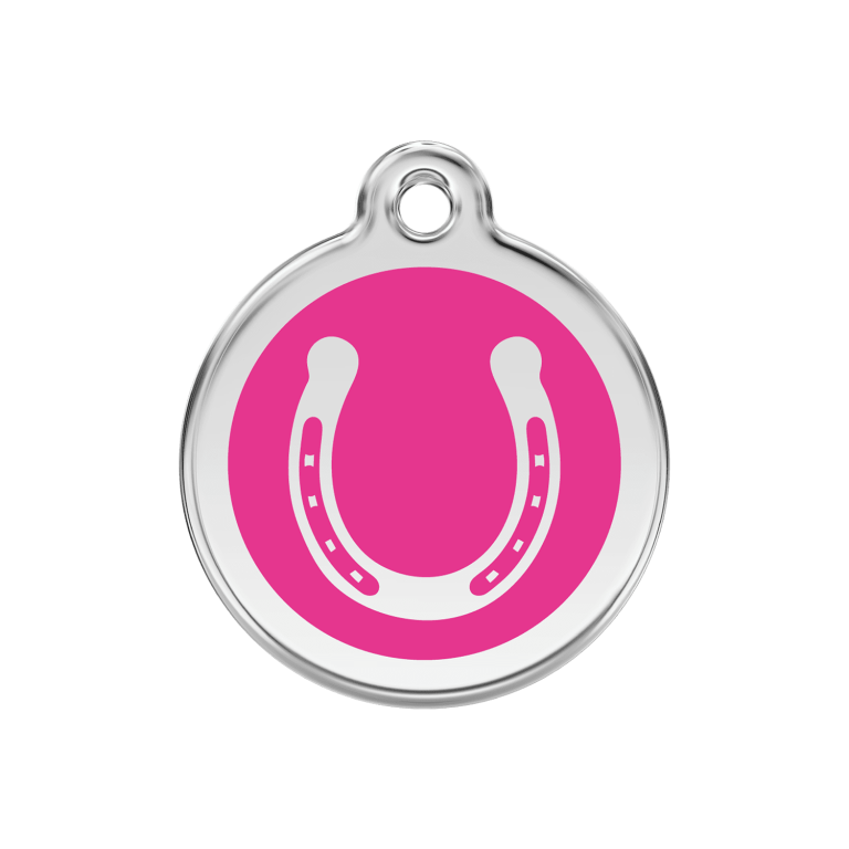 Vue avant - Médaille personnalisée pour chien Red Dingo Émail et acier inoxydable Fer à cheval Rose vif - Größe M