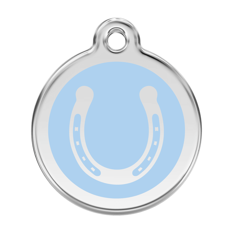 Vue avant - Médaille personnalisée pour chien Red Dingo Émail et acier inoxydable Fer à cheval Bleu clair - Größe L