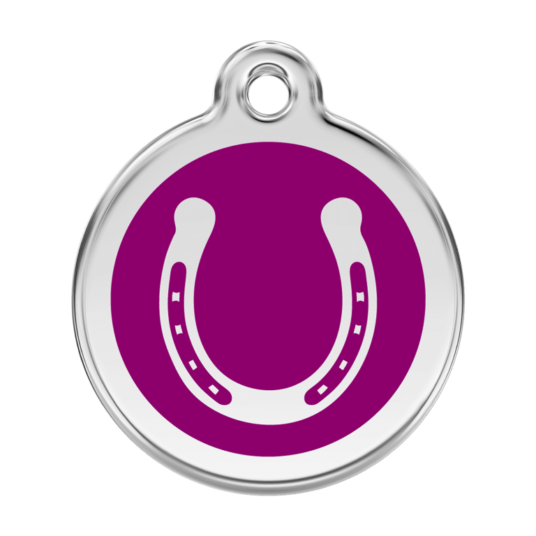 Vue avant - Médaille personnalisable pour chien Red Dingo émail et acier inoxydable violet - Fer à cheval - Größe L