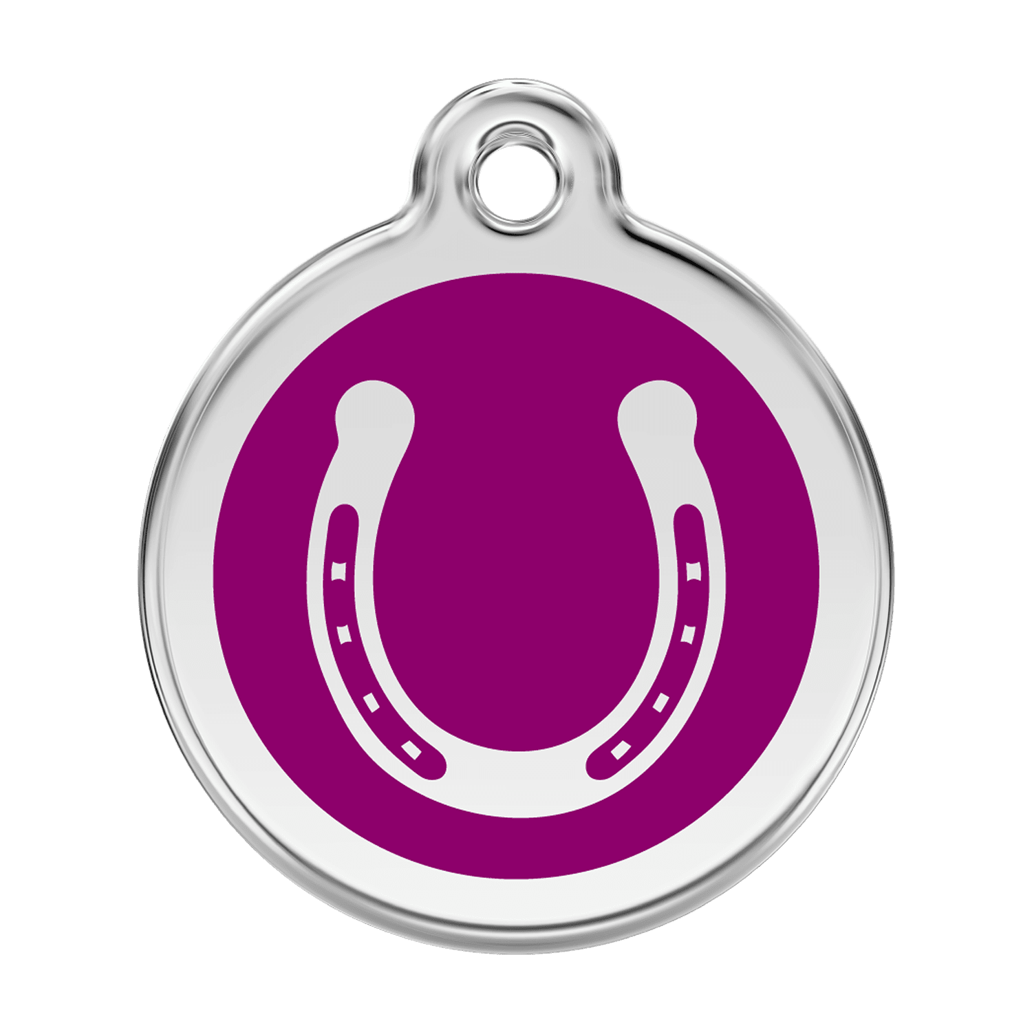 Vue avant - Médaille personnalisable pour chien Red Dingo émail et acier inoxydable violet - Fer à cheval - Größe L