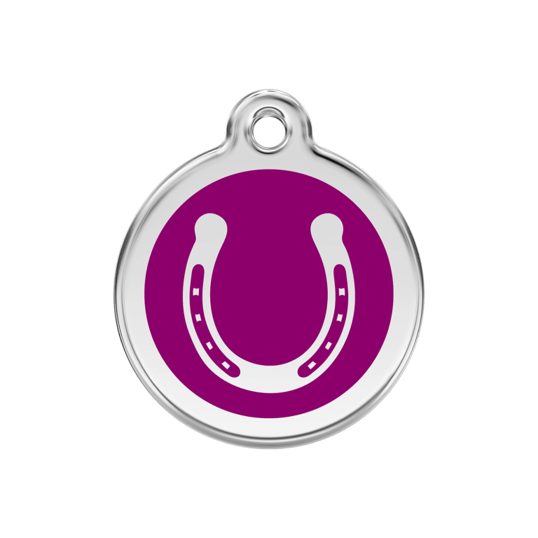 Vue avant - Médaille personnalisable pour chien ou chat Red Dingo Émail et acier inoxydable Fer à cheval Violet 30.00mm