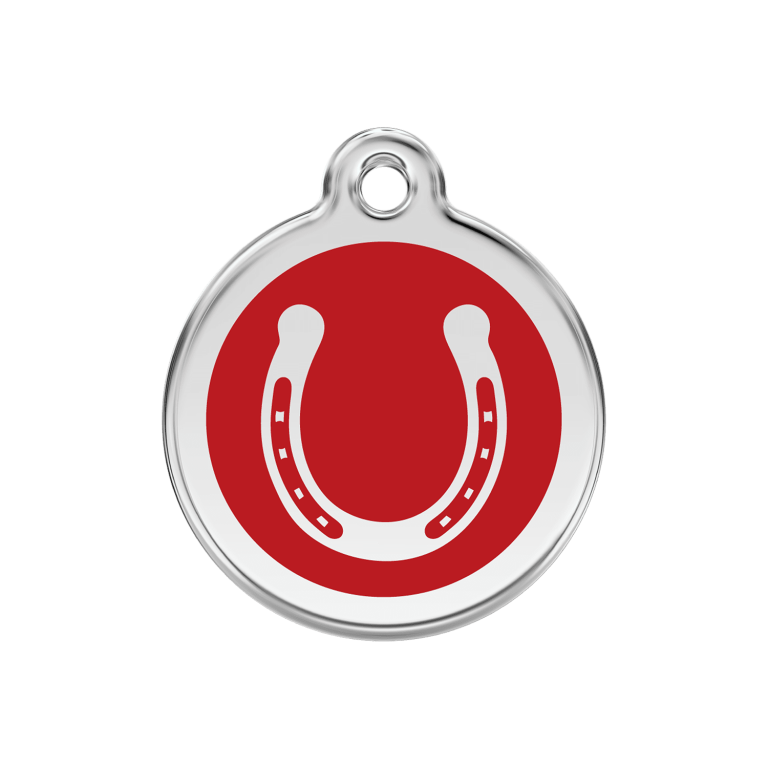Vue avant - Médaille personnalisée pour chien ou chat Red Dingo Émail et acier inoxydable Fer à cheval Rouge 30.00mm - Marque Red Dingo