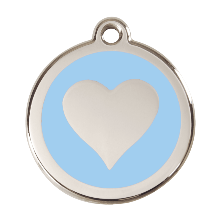 Vue avant - Médaille personnalisable pour chien ou chat - Red Dingo Émail et acier inoxydable - Motif cœur bleu clair - Größe L