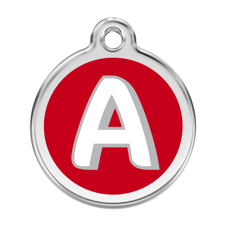 Vue avant - Médaille personnalisée pour chien ou chat - Red Dingo Émail et acier inoxydable - Lettre A rouge - Größe L 38.00mm
