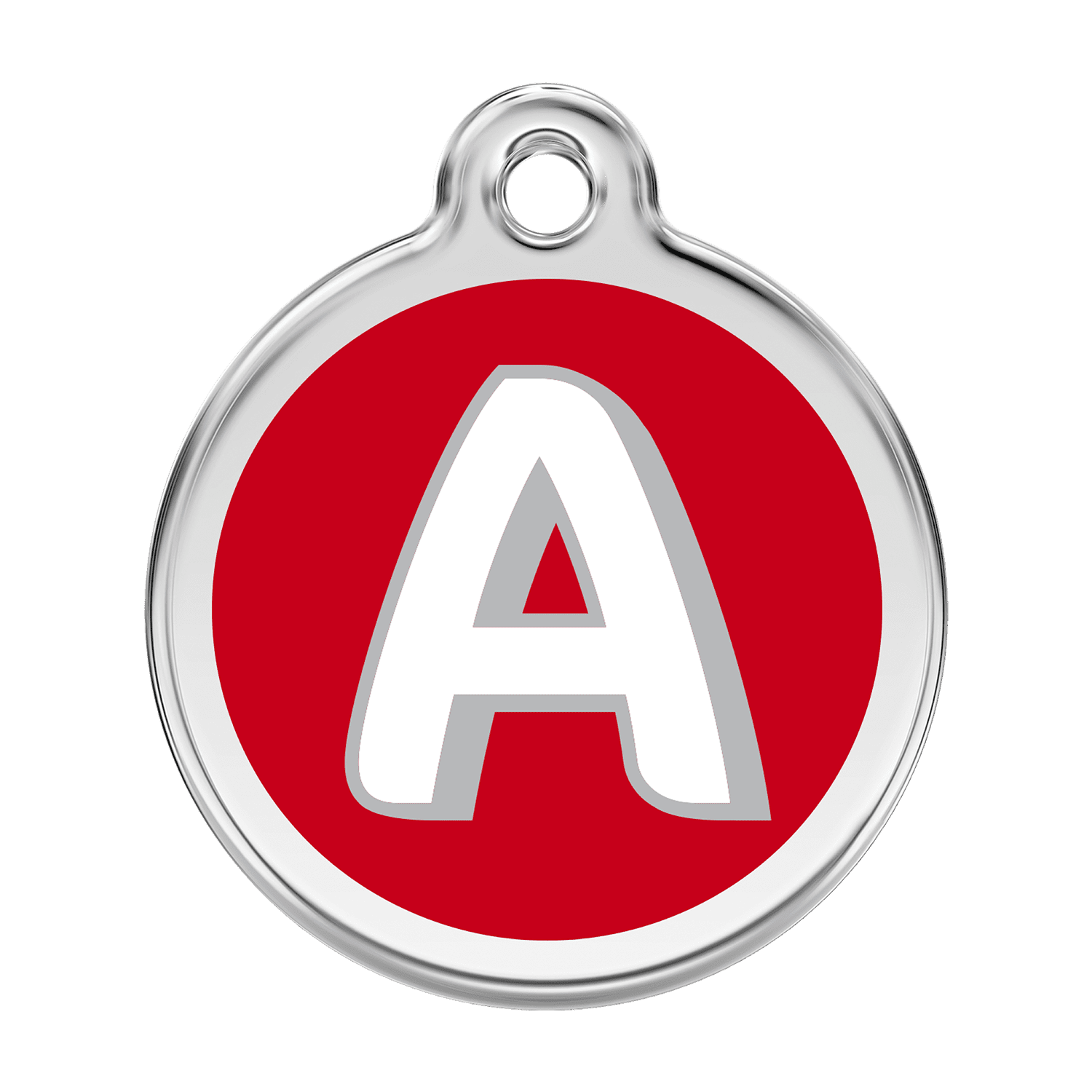 Vue avant - Médaille personnalisée pour chien ou chat - Red Dingo Émail et acier inoxydable - Lettre A rouge - Größe L 38.00mm