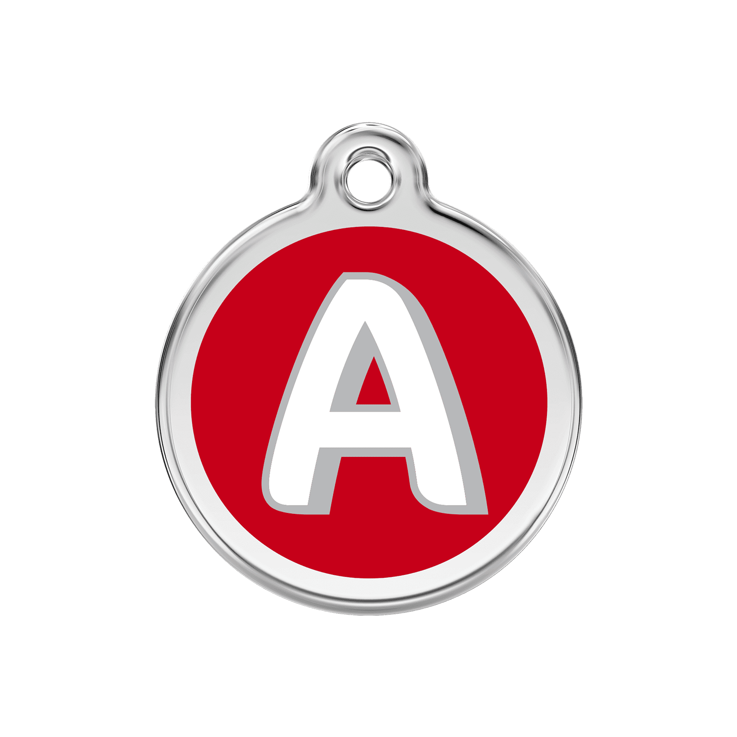 Vue avant - Médaille personnalisée pour chien Red Dingo Émail et acier inoxydable - Lettre A - Rouge - Größe M