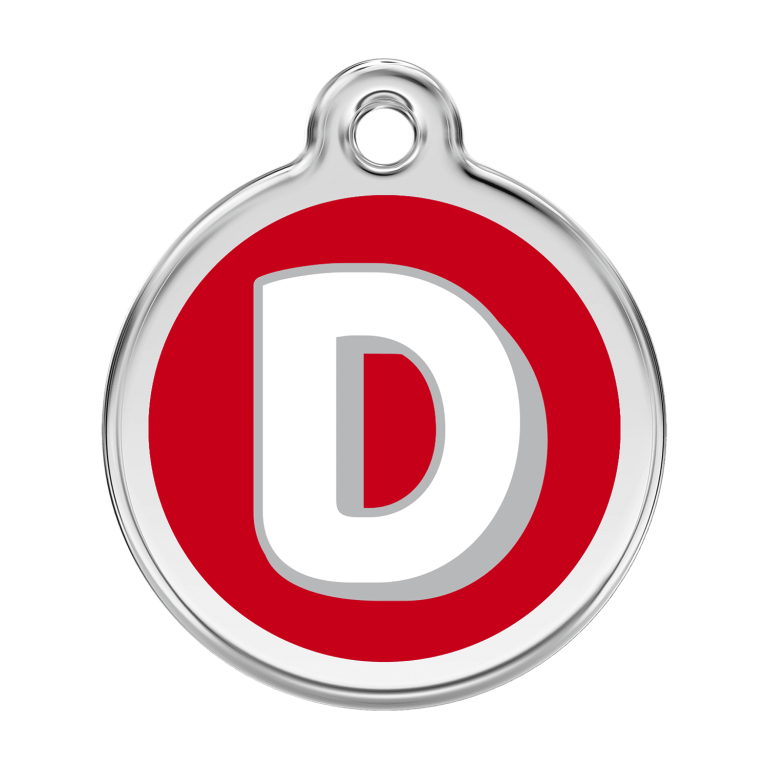 Vue avant - Médaille personnalisée pour chien Red Dingo Émail et acier inoxydable - Lettre D rouge - Größe L 38.00mm