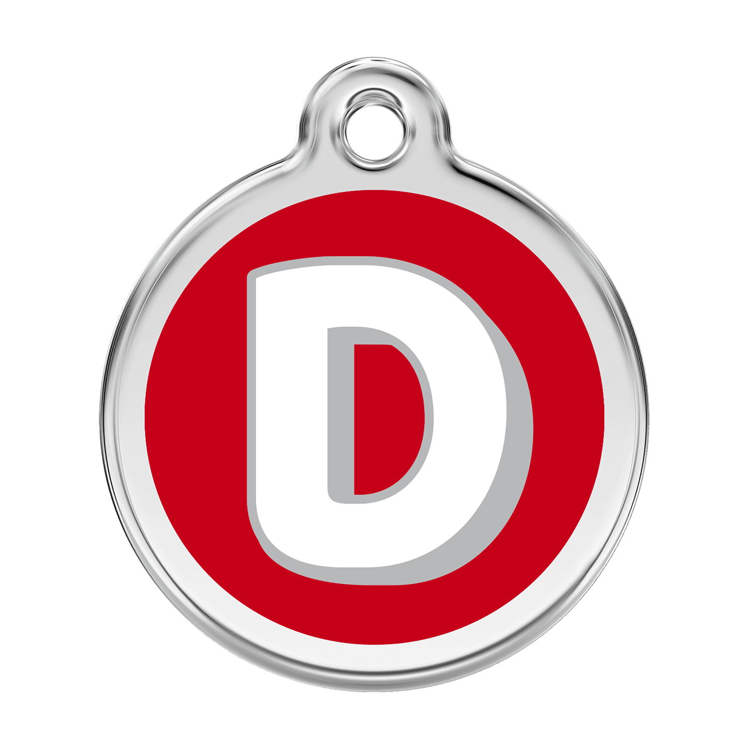 Vue avant - Médaille personnalisée pour chien Red Dingo Émail et acier inoxydable - Lettre D rouge - Größe L 38.00mm