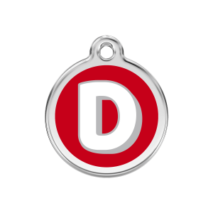 Hundemarke Größe M mit rotem Buchstaben D aus Emaille und Edelstahl