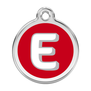 Hundemarke Groß mit rotem Buchstaben E aus Emaille und Edelstahl