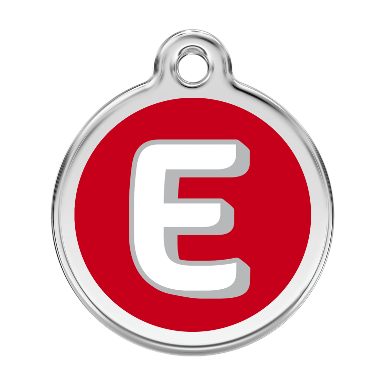 Vue avant - Médaille personnalisée pour chien Red Dingo Émail et acier inoxydable - Lettre E - Rouge - Größe L