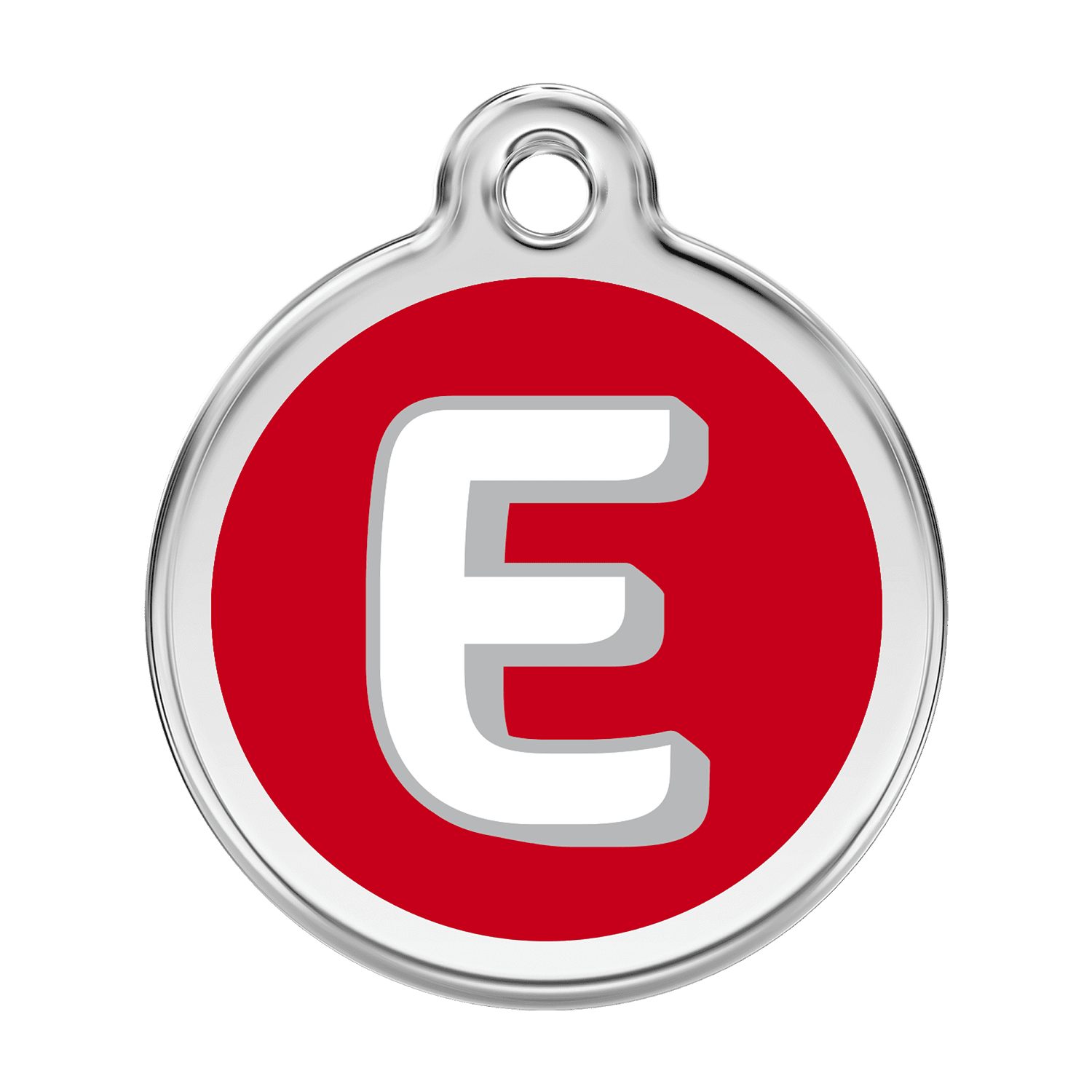 Vue avant - Médaille personnalisée pour chien Red Dingo Émail et acier inoxydable - Lettre E - Rouge - Größe L