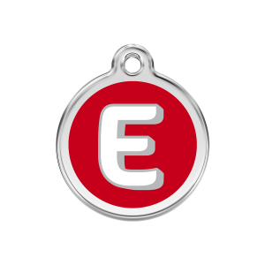 Hundemarke Größe M mit rotem Buchstaben E aus Emaille und Edelstahl