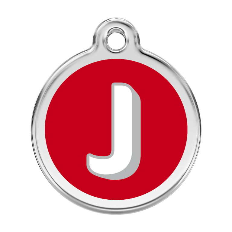 Vue avant - Médaille personnalisée pour chien Red Dingo Émail et acier inoxydable - Lettre J - Rouge - Größe L