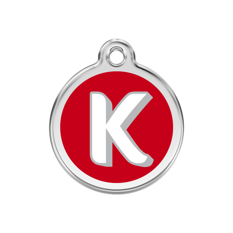Vue avant - Médaille personnalisée pour chien Red Dingo Émail et acier inoxydable - Lettre K - Rouge - Größe M