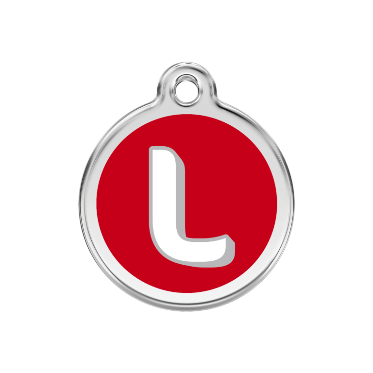 Vue avant - Médaille personnalisée pour chien Red Dingo Émail et acier inoxydable - Lettre L - Rouge - Größe M