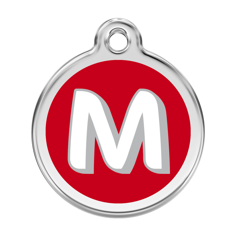 Vue avant - Médaille personnalisée pour chien Red Dingo Émail et acier inoxydable - Lettre M - Rouge - Größe L