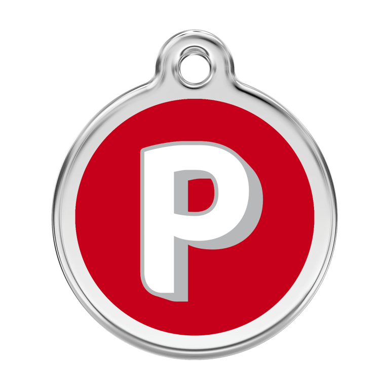 Vue avant - Médaille personnalisée pour chien Red Dingo Émail et acier inoxydable - Lettre P - Rouge - Größe L