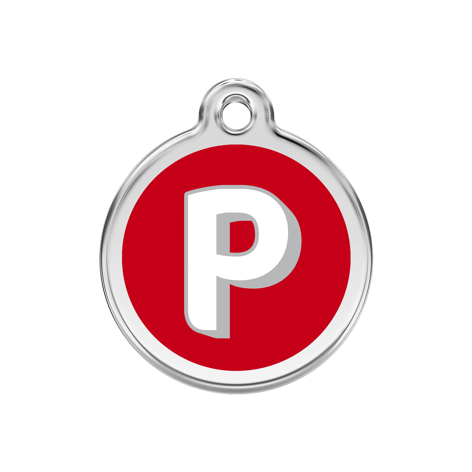 Vue avant - Médaille personnalisée pour chien Red Dingo Émail et acier inoxydable - Lettre P - Rouge - Größe M