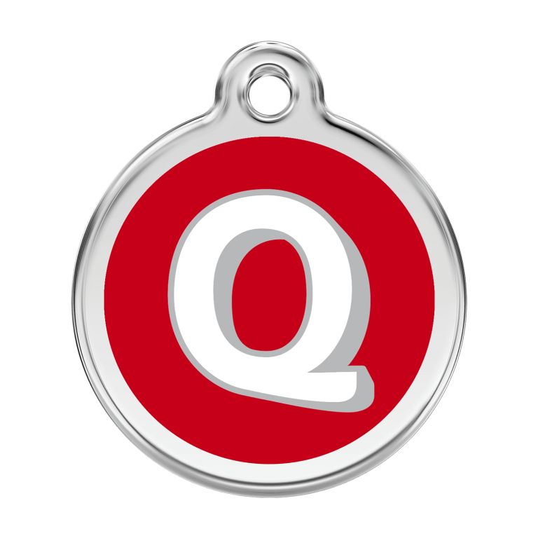 Vue avant - Médaille personnalisée pour chien Red Dingo Émail et acier inoxydable - Lettre Q - Rouge - Größe L
