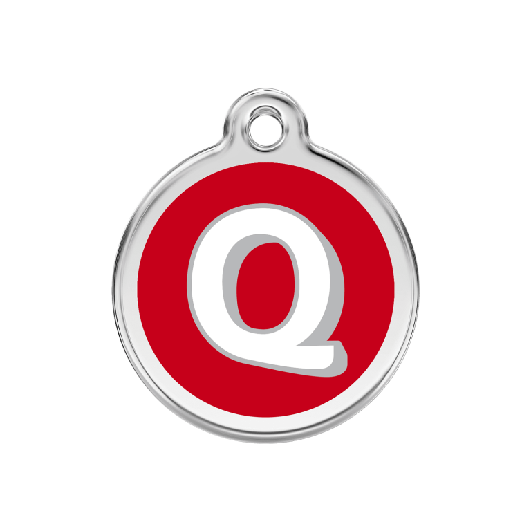 Vue avant - Médaille personnalisée pour chien Red Dingo Émail et acier inoxydable - Lettre Q rouge - Größe M