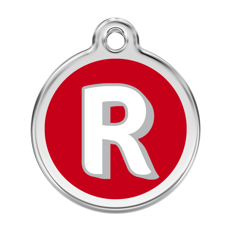 Vue avant - Médaille personnalisée pour chien Red Dingo Émail et acier inoxydable - Lettre R - Rouge - Größe L