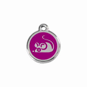 Katzenmarke klein mit violettem Emaille und Maus-Motiv