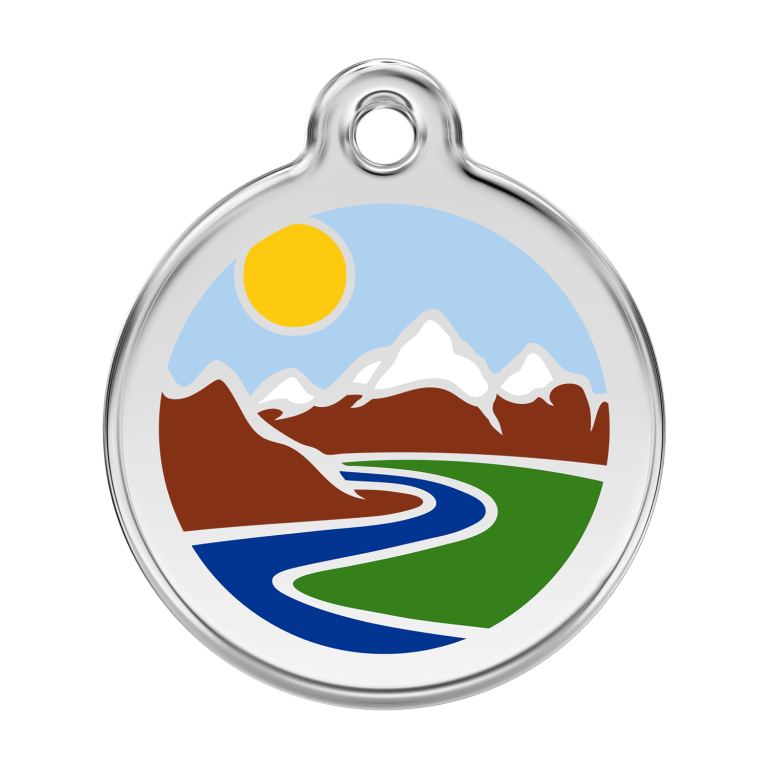 Vue avant - Médaille personnalisable pour chien Red Dingo Émail et acier inoxydable motif montagnes bleu clair - Größe L