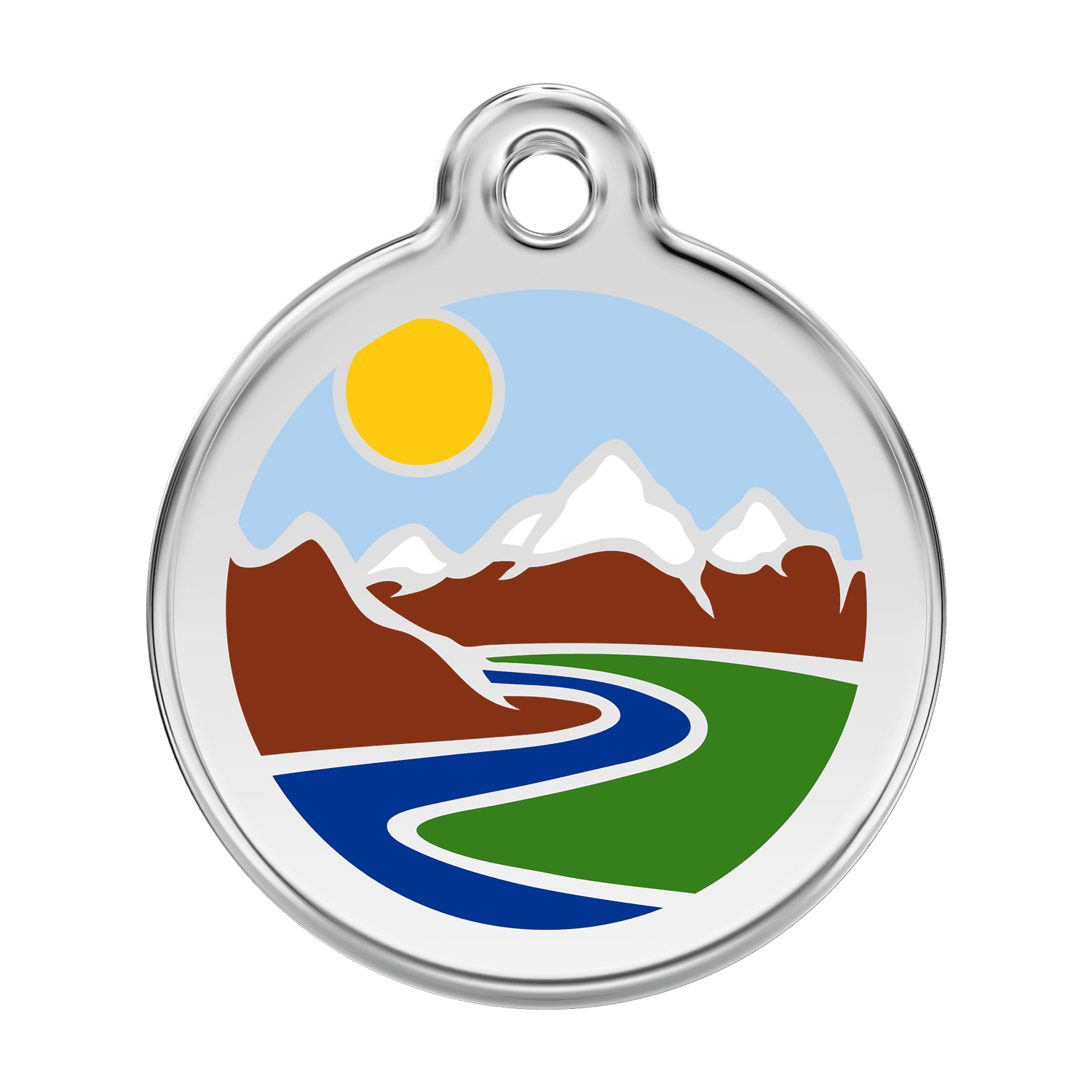 Vue avant - Médaille personnalisable pour chien Red Dingo Émail et acier inoxydable motif montagnes bleu clair - Größe L