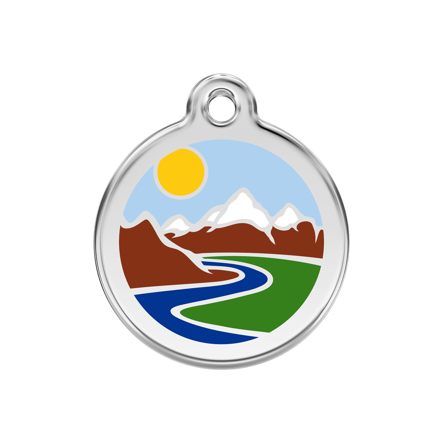 Vue avant - Médaille personnalisée pour chien Red Dingo Émail et acier inoxydable motif montagnes bleu clair - Größe M