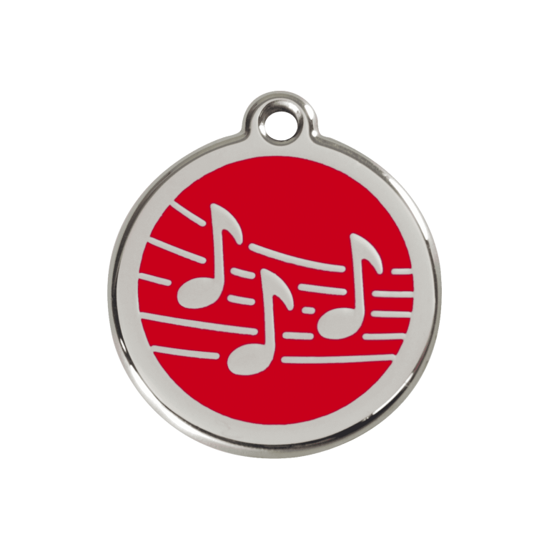 Vue avant - Médaille personnalisée pour chien Red Dingo Émail et acier inoxydable - Motif Musique - Rouge - Größe M