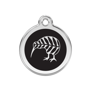 Schwarze Kiwi Hundemarke aus Emaille und Edelstahl Größe M