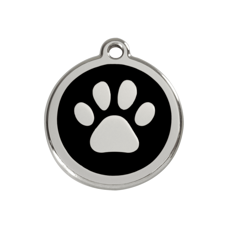 Vue avant - Médaille personnalisée pour chien ou chat Red Dingo Émail et acier inoxydable - Empreinte de patte - Noir - Größe M